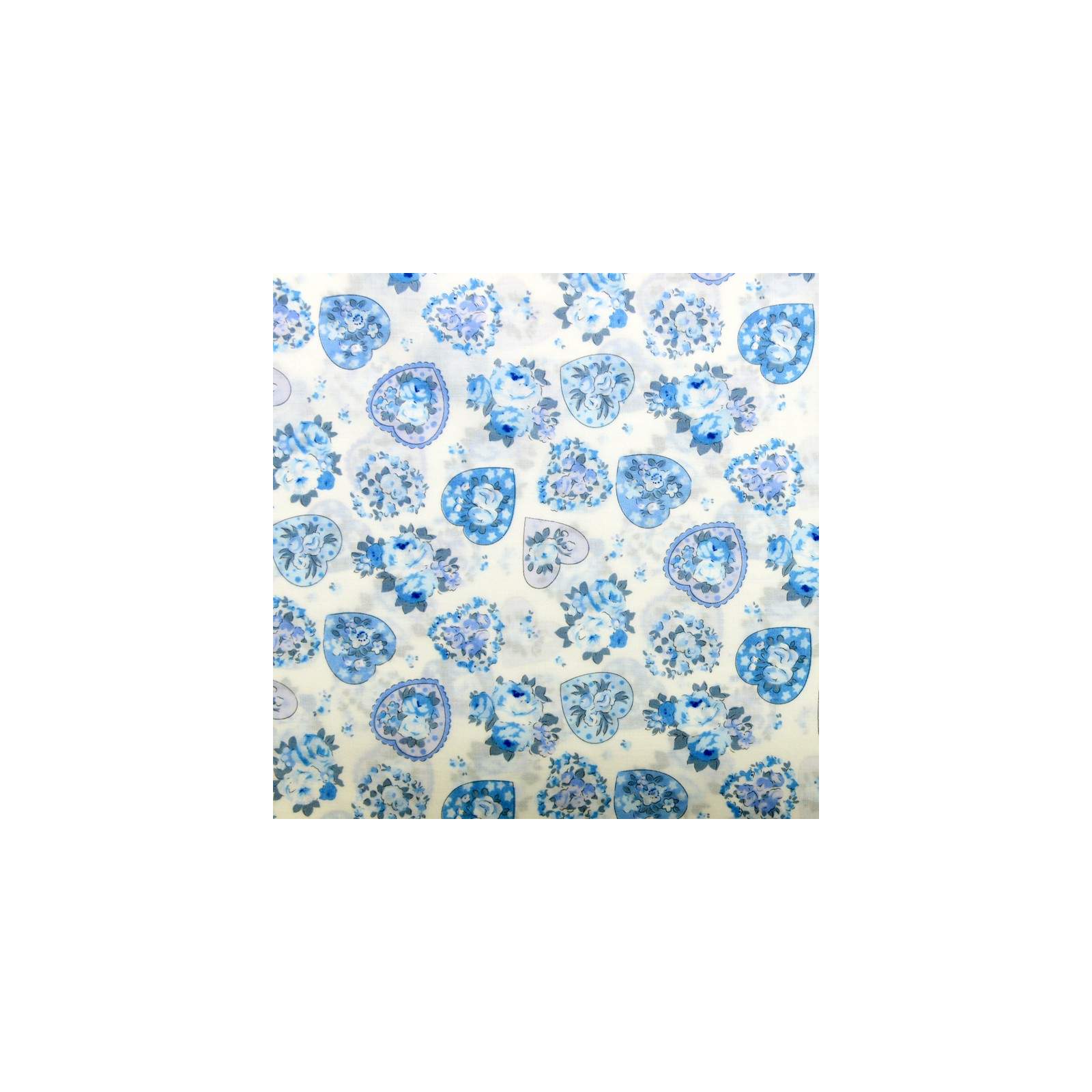 Tissu Coton imprimé coeurs bleus fleuris et roses sur fond blanc