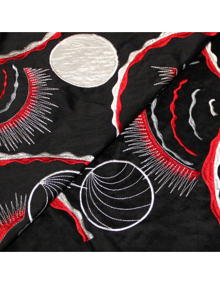 Soie sauvage 100% soie brodée - Motif blanc & rouge fond noir