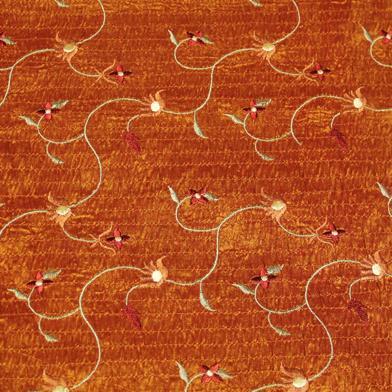 Soie sauvage 100% soie brodée - Fleuri fond orange brûlé