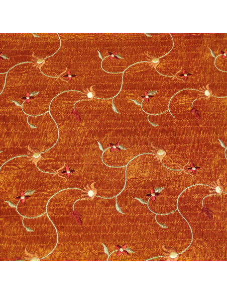 Soie sauvage 100% soie brodée - Fleuri fond orange brûlé