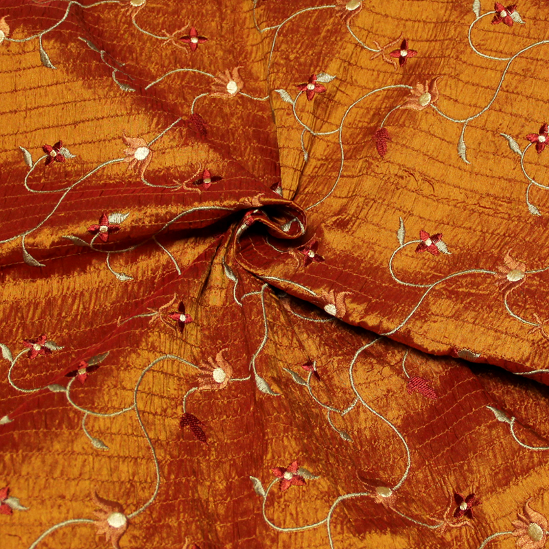 Soie sauvage 100% soie brodée - Fleuri fond orange brûlé