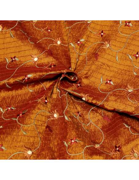 Soie sauvage 100% soie brodée - Fleuri fond orange brûlé