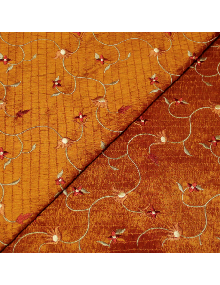 Soie sauvage 100% soie brodée - Fleuri fond orange brûlé
