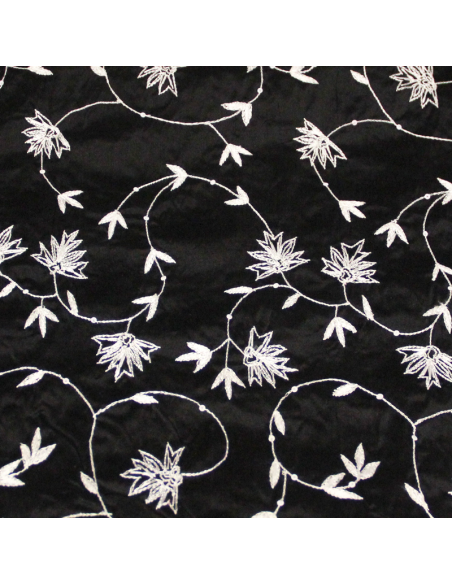 Soie sauvage 100% soie brodée - Fleuri blanc à sequin fond noir