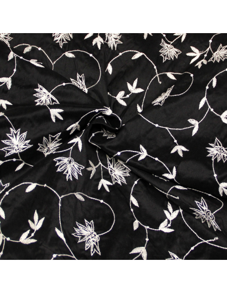 Soie sauvage 100% soie brodée - Fleuri blanc à sequin fond noir