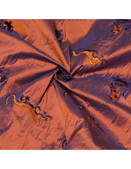 Soie sauvage 100% soie brodée - Dragon fond orange changeant bleu