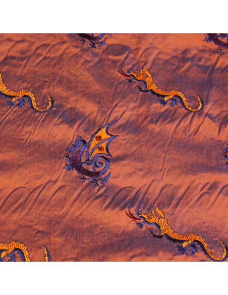 Soie sauvage 100% soie brodée - Dragon fond orange changeant bleu
