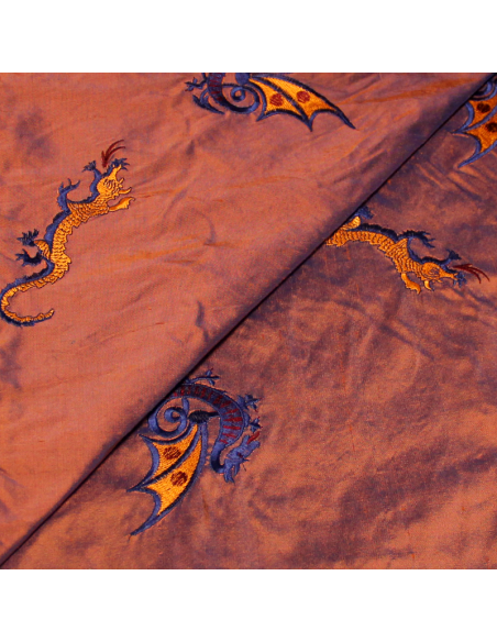Soie sauvage 100% soie brodée - Dragon fond orange changeant bleu