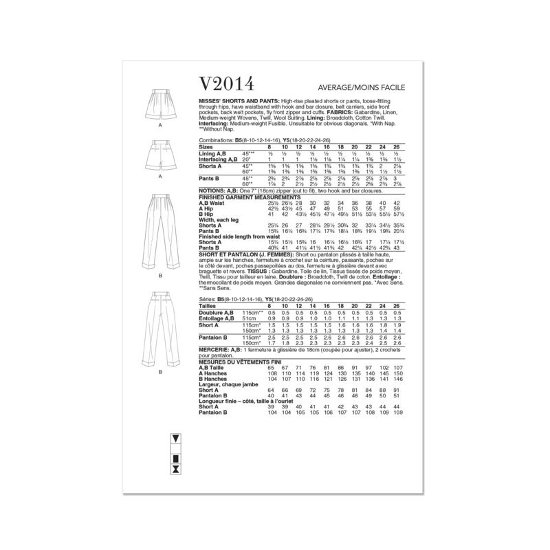 Patron Vogue 2014 B5 - Short et pantalon