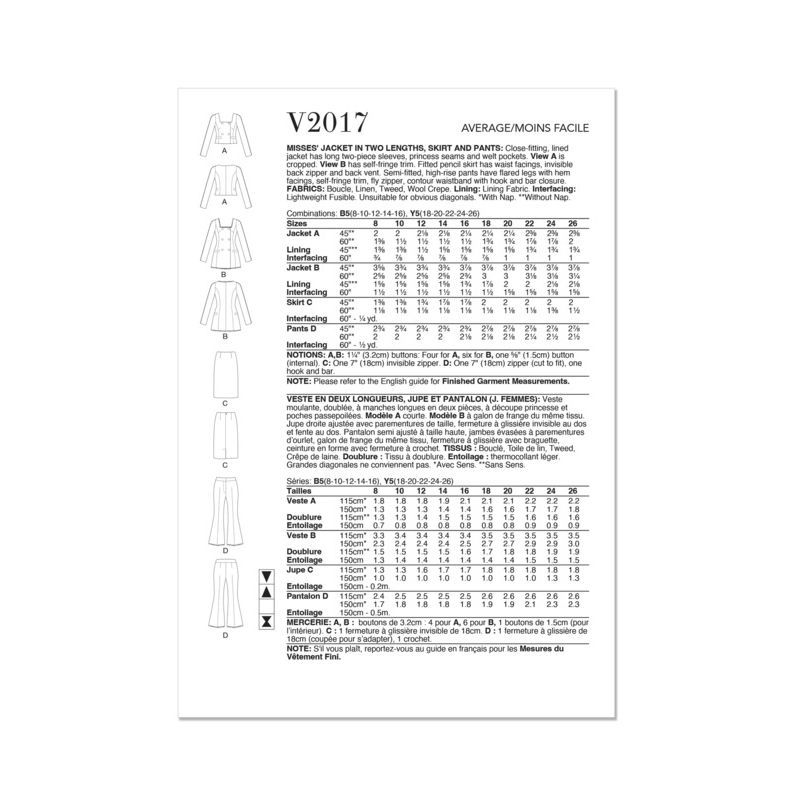 Patron Vogue 2017 B5 - Veste, jupe et pantalon