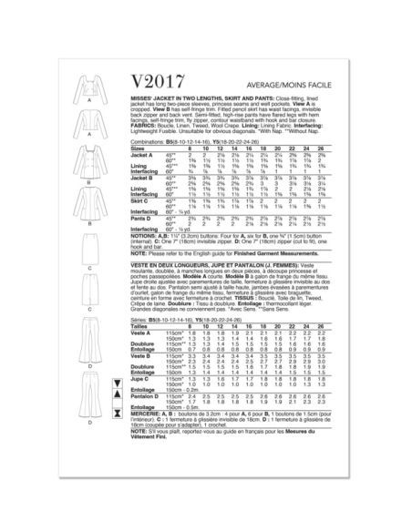 Patron Vogue 2017 B5 - Veste, jupe et pantalon