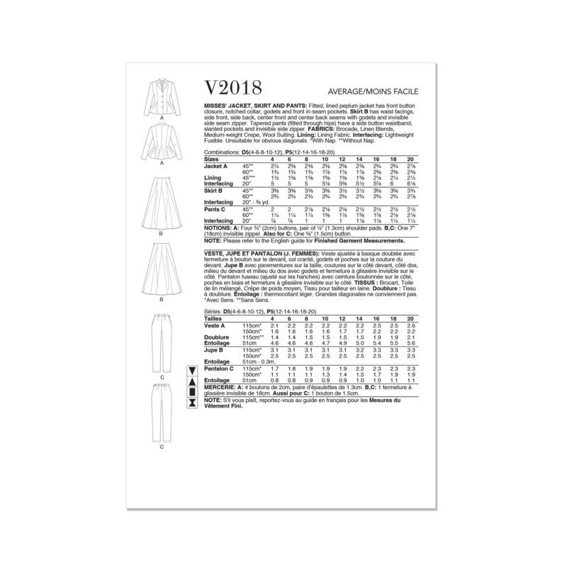 Patron Vogue 2018 D5 - Veste, jupe et pantalon