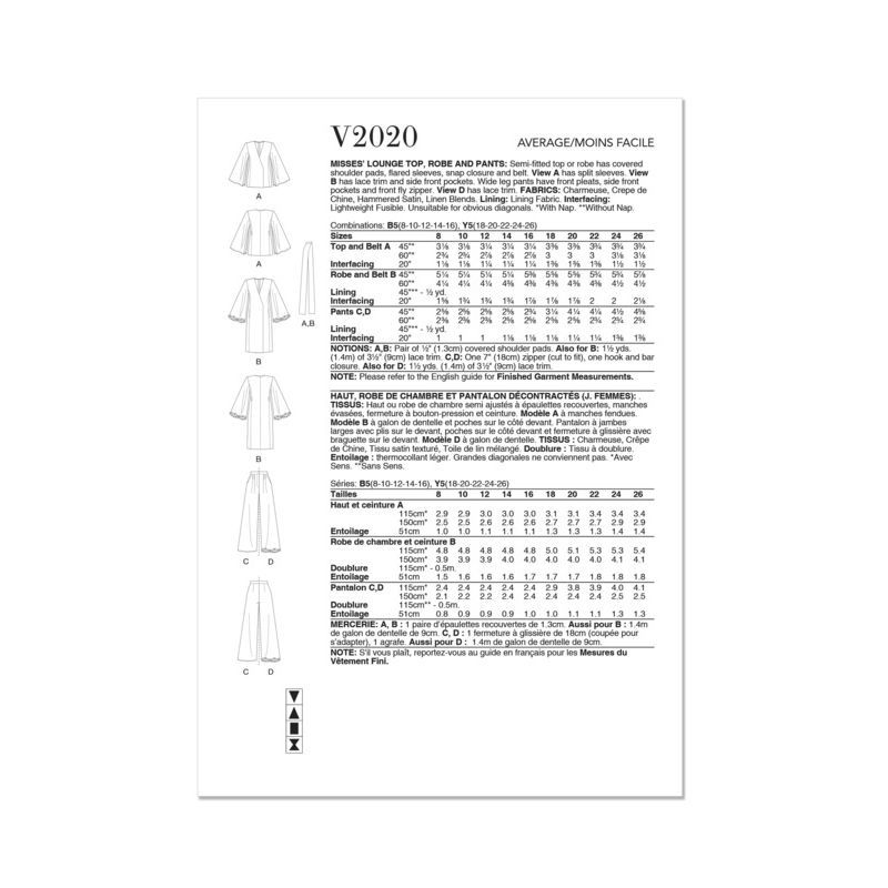 Patron Vogue 2020 B5 - Haut, robe de chambre et pantalon