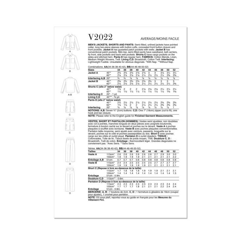 Patron Vogue 2022 AA - Veste, short et pantalon