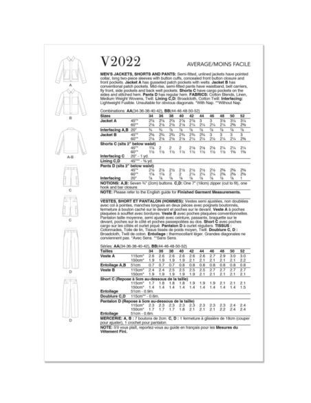 Patron Vogue 2022 AA - Veste, short et pantalon