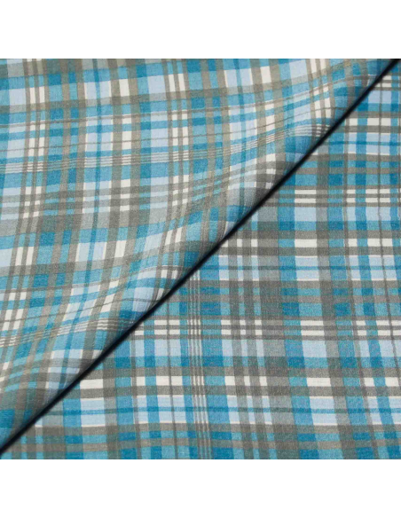 Crêpe crinkle 100% viscose – Carreaux bleu et gris