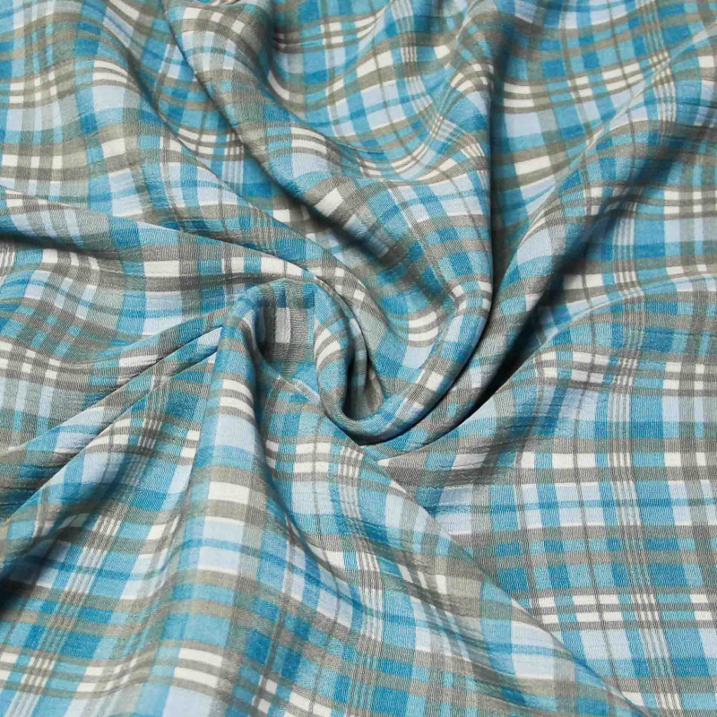 Crêpe crinkle 100% viscose – Carreaux bleu et gris