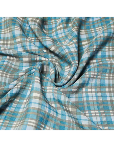 Crêpe crinkle 100% viscose – Carreaux bleu et gris