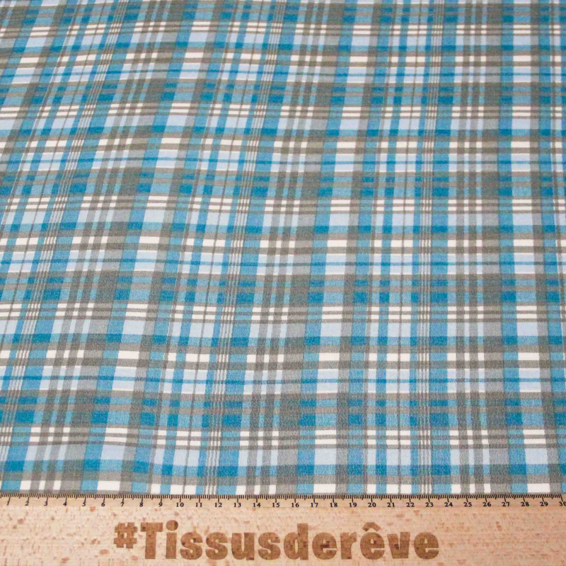 Crêpe crinkle 100% viscose – Carreaux bleu et gris