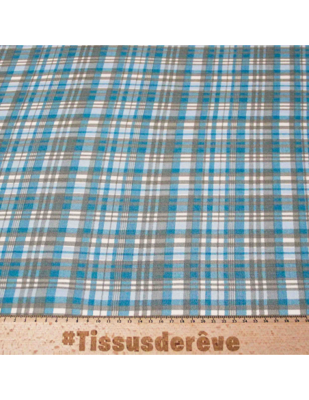 Crêpe crinkle 100% viscose – Carreaux bleu et gris