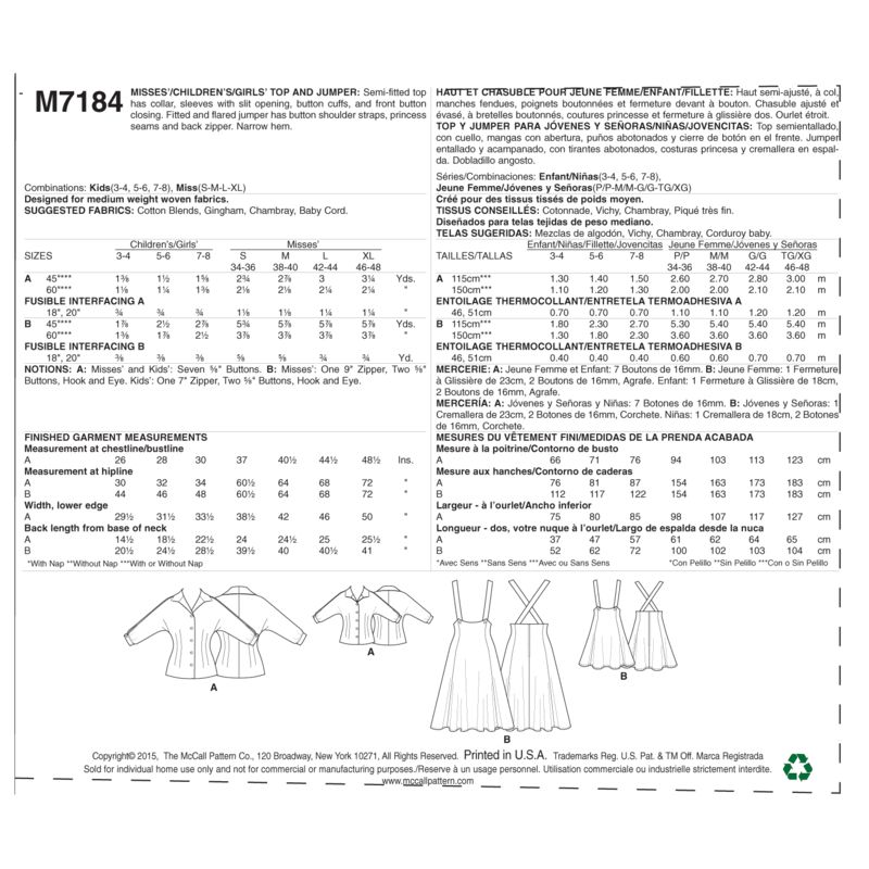 Patron McCall's 7184.KIDS - Haut et chasuble