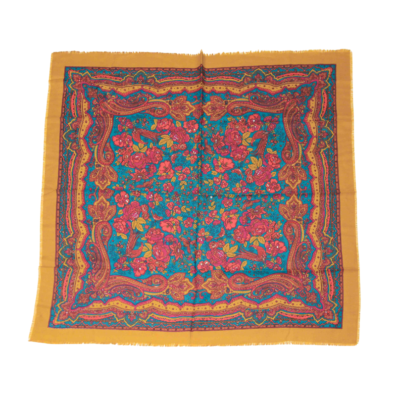 Foulard twill - Rosier bleu et moutard