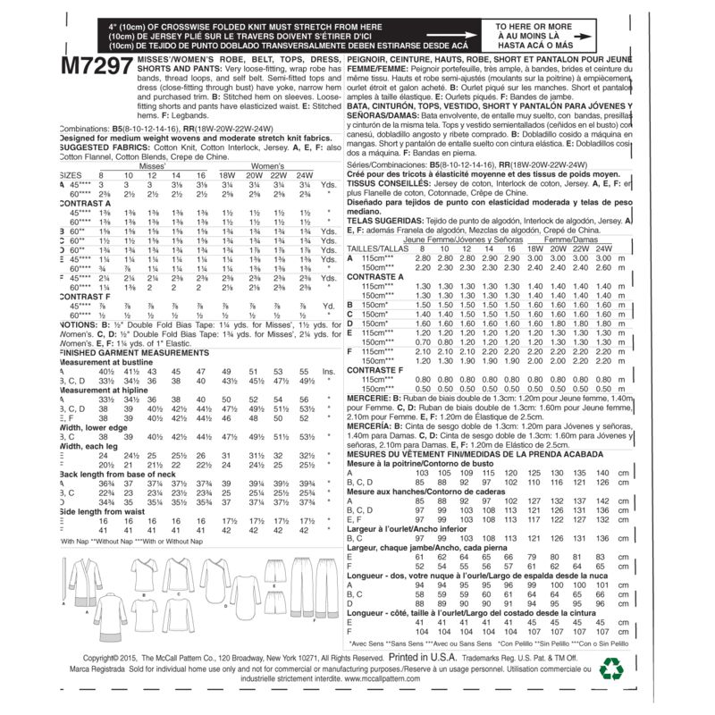 Patron McCall's 7297.B5 - Peignoir, ceinture, haut, robe, short et pantalon