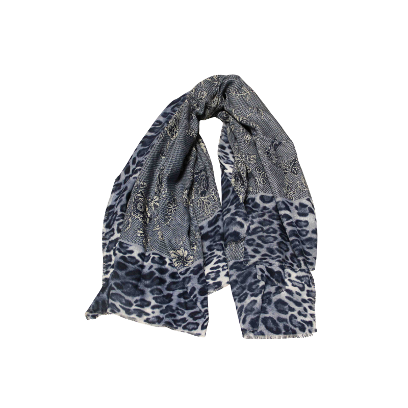 Foulard twill - Motif fleurs Bordure léopard bleu