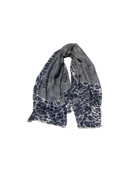 Foulard twill - Motif fleurs Bordure léopard bleu