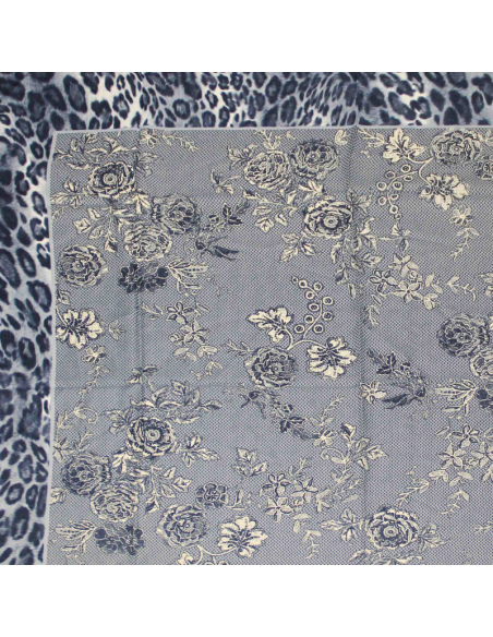 Foulard twill - Motif fleurs Bordure léopard bleu