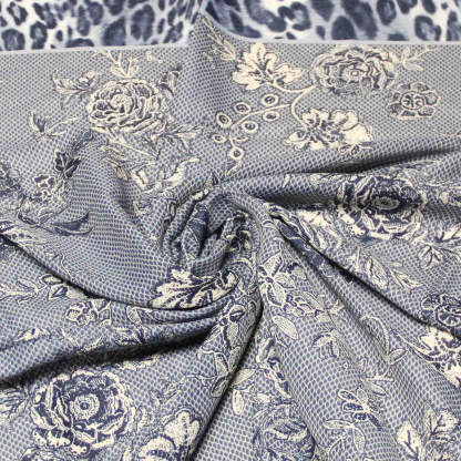 Foulard twill - Motif fleurs Bordure léopard bleu 2