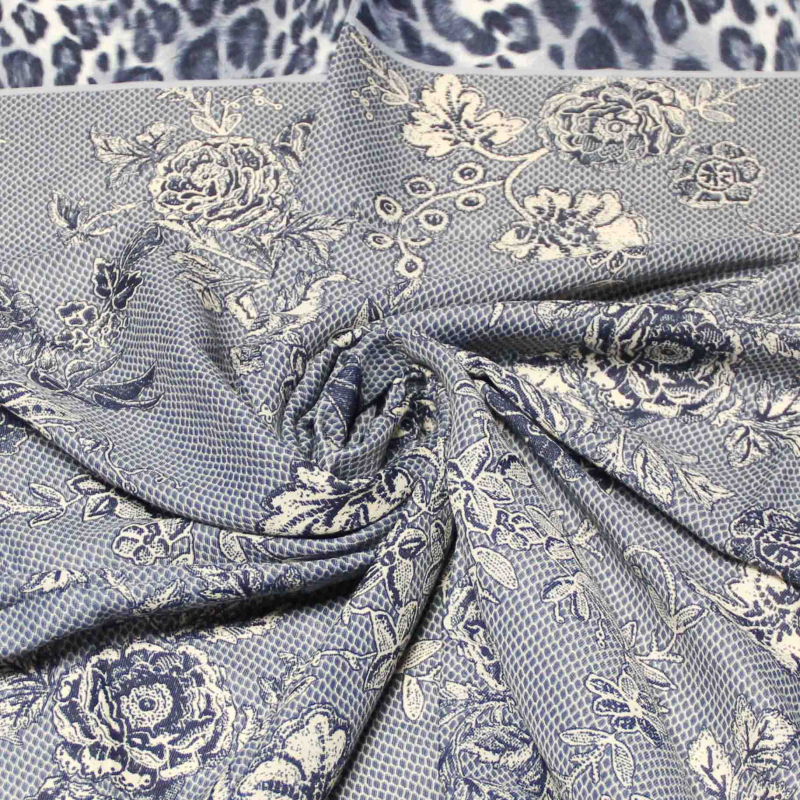 Foulard twill - Motif fleurs Bordure léopard bleu