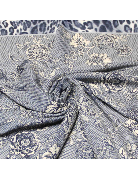 Foulard twill - Motif fleurs Bordure léopard bleu