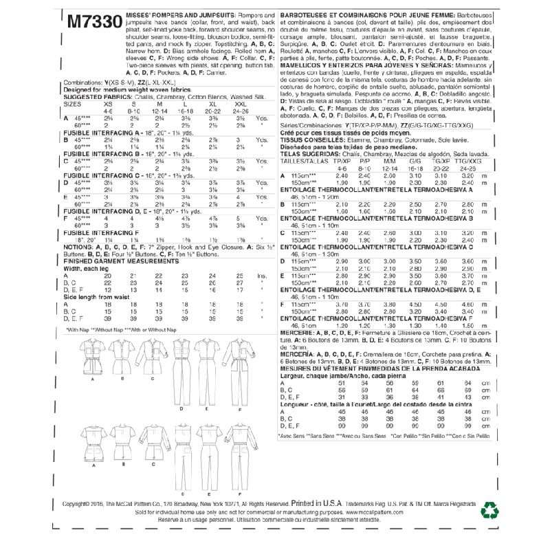 Patron McCall's 7330.Y - Barboteuses et combinaison