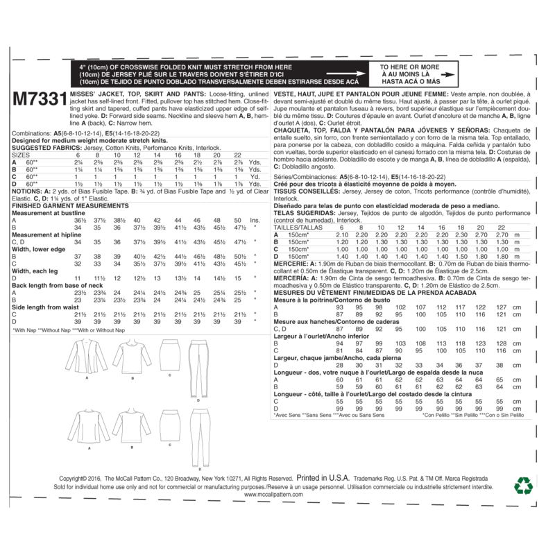 Patron McCall's 7331.A5 - Veste, haut, jupe et pantalon