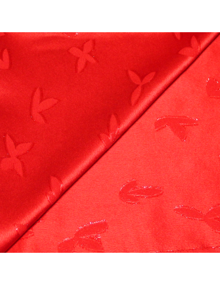 Broché crêpe envers satin de soie jacquard - Feuille rouge