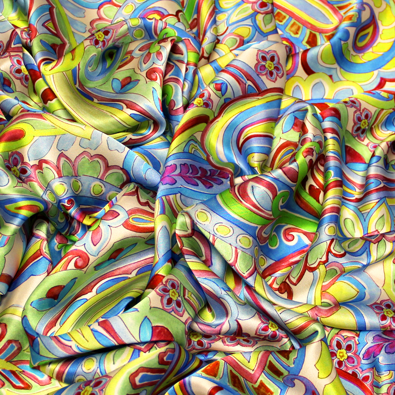 Satin 100% soie - Cachemire ton bleu & vert