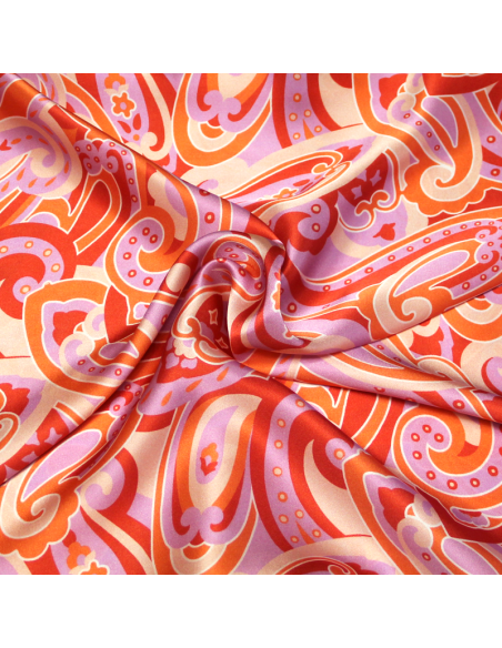 Satin 100% soie - Cachemire ton rouge fond lilas