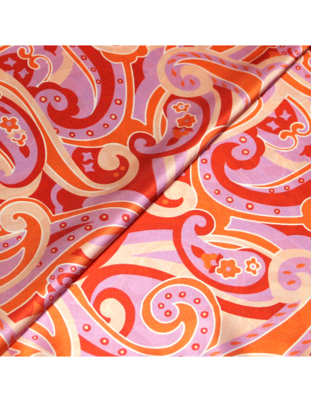 Satin 100% soie - Cachemire ton rouge fond lilas