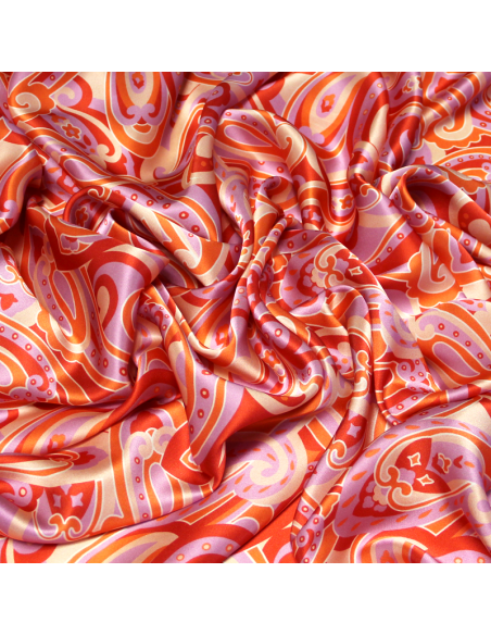 Satin 100% soie - Cachemire ton rouge fond lilas