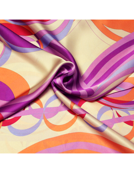 Satin 100% soie - Motif vintage ton violet & corail