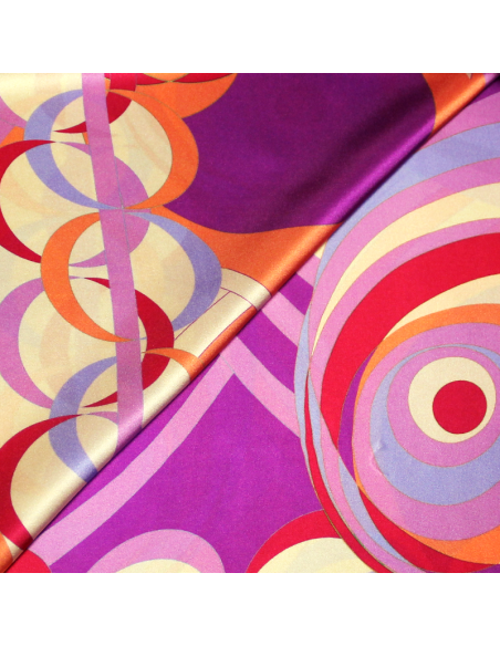 Satin 100% soie - Motif vintage ton violet & corail