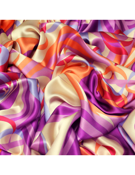 Satin 100% soie - Motif vintage ton violet & corail