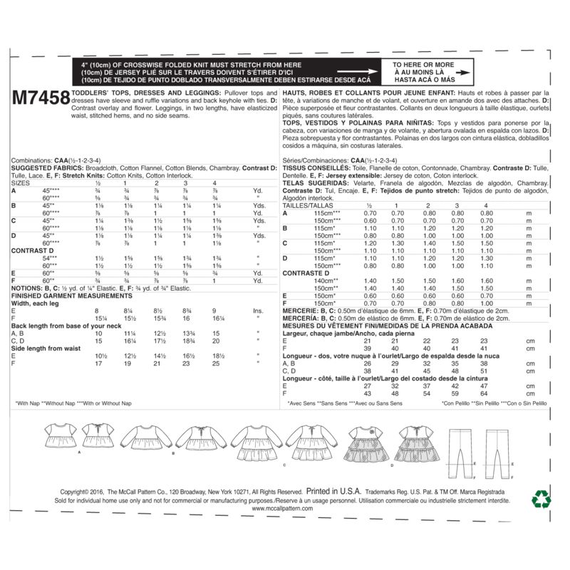 Patron McCall's 7458.CAA - Hauts, robes et collants
