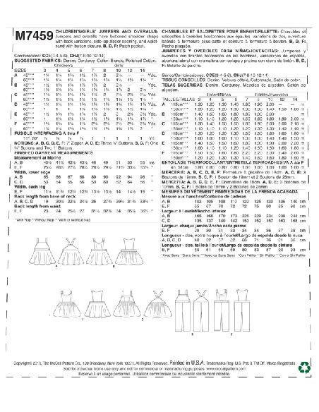 Patron McCall's 7459.CCE - Chasubles et salopettes
