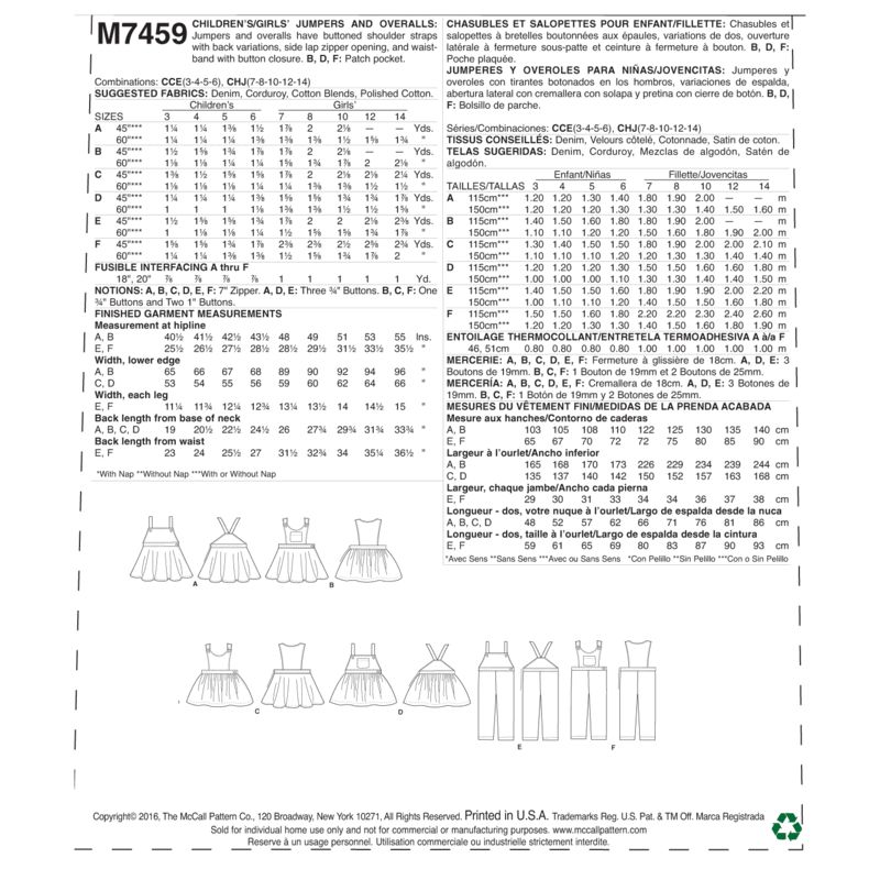 Patron McCall's 7459.CCE - Chasubles et salopettes