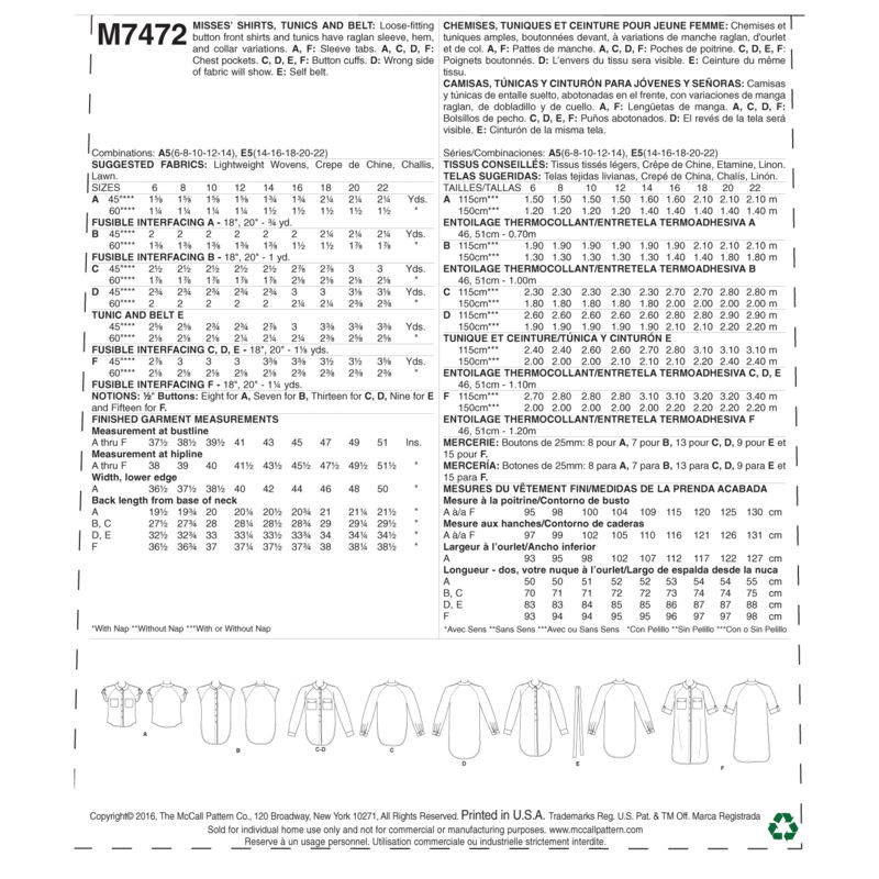 Patron McCall's 7472.A5 - Chemises, tuniques