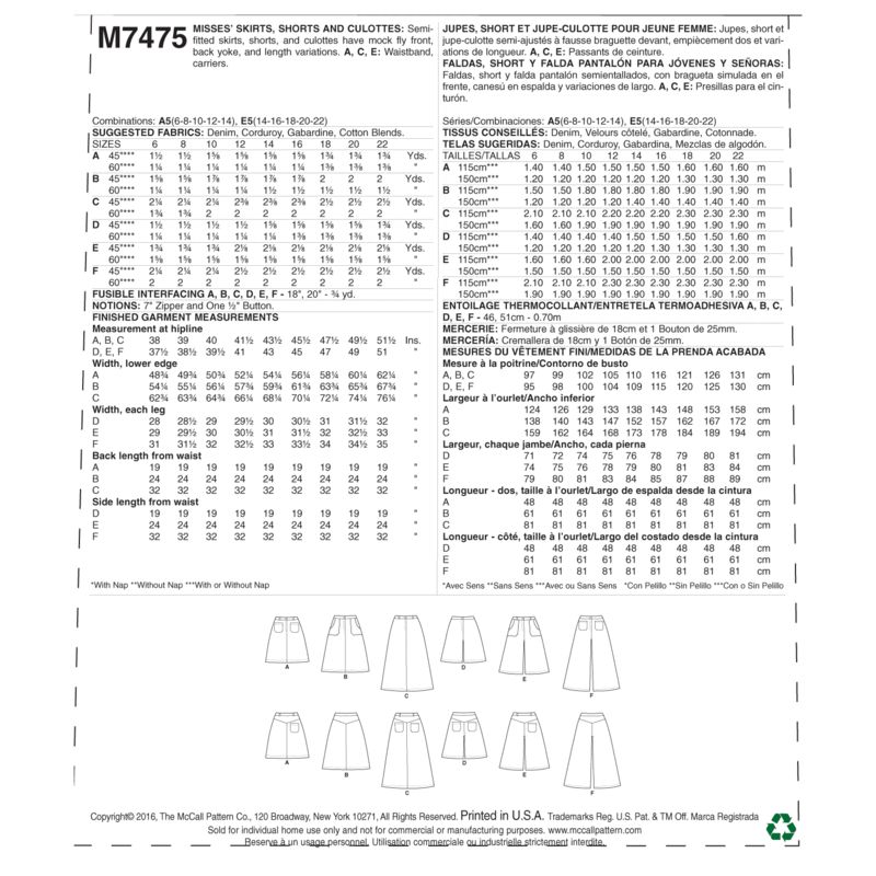 Patron McCall's 7475.A5 - Jupes, short