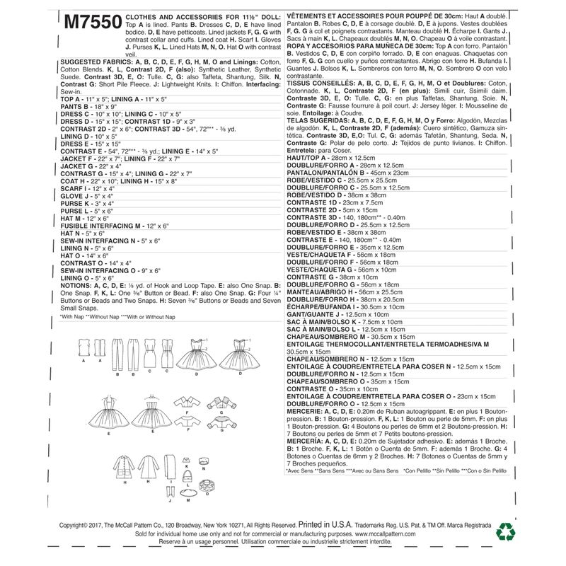 Patron McCall's 7550.OSZ - Vêtements pour poupée de 30cm