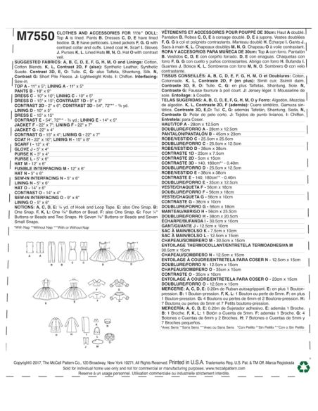 Patron McCall's 7550.OSZ - Vêtements pour poupée de 30cm
